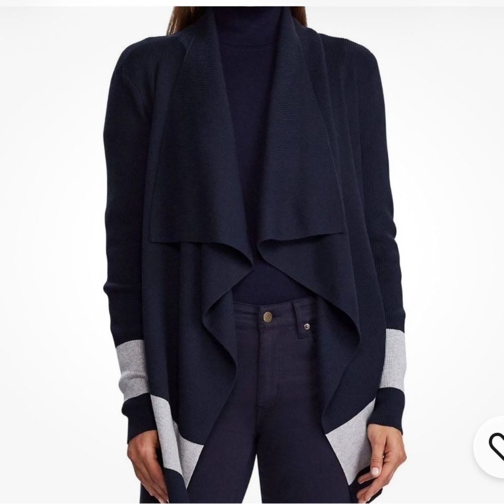 Lauren Ralph Lauren Colorblock Navy and Gray Drape Front Cardigan Sweater